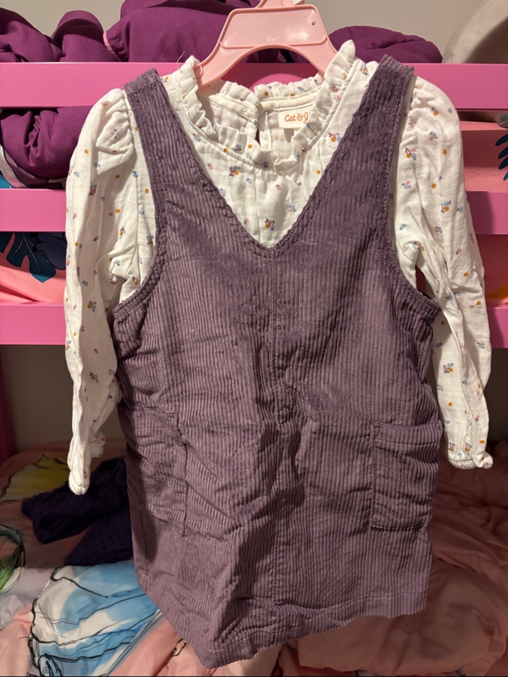 Cat & Jack Plum Corduroy Pinafore with Cream Floral Blouse